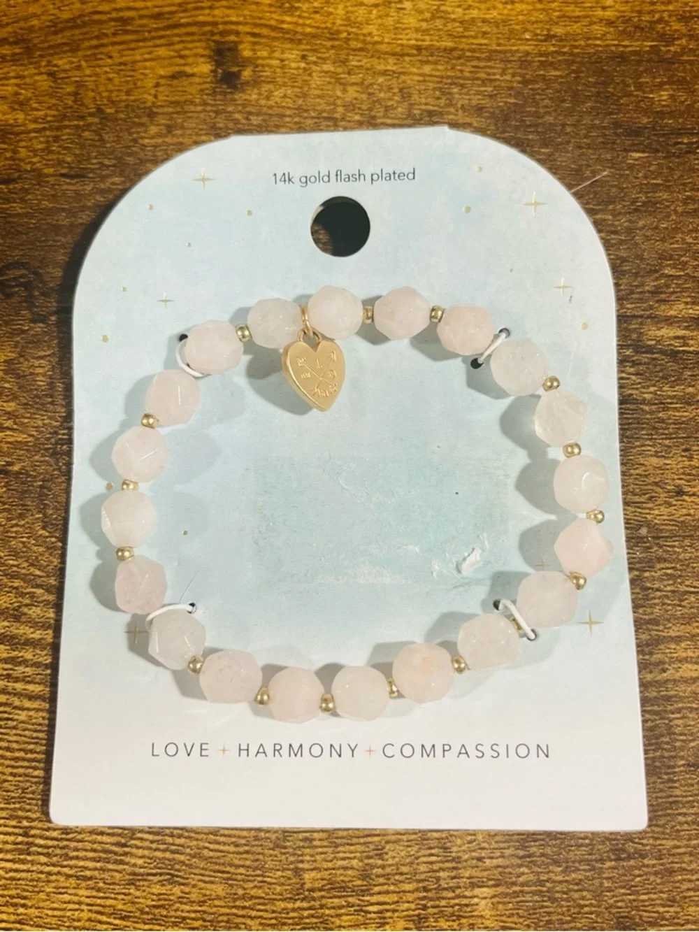 Love Harmony Compassion Rose Quartz Beaded Bracelet - 14k Gold Flash Plated
